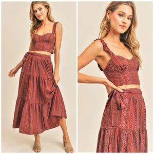 RESET by Jane Aspyn Boho Chic Rust 2-Piece Tiered Maxi Skirt Set